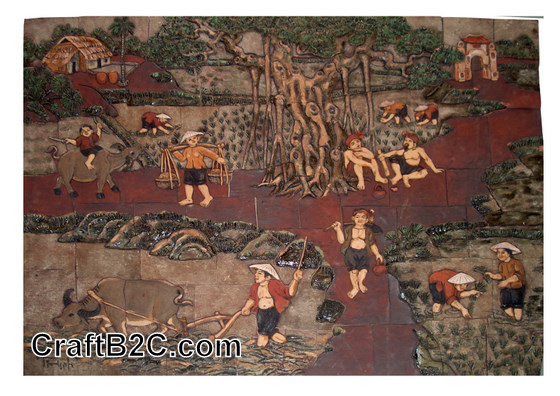 Tranh cảnh cày cấy - gốm Phù Lãng