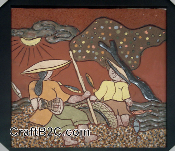 Tranh gốm bắt cá ở vùng nông thôn