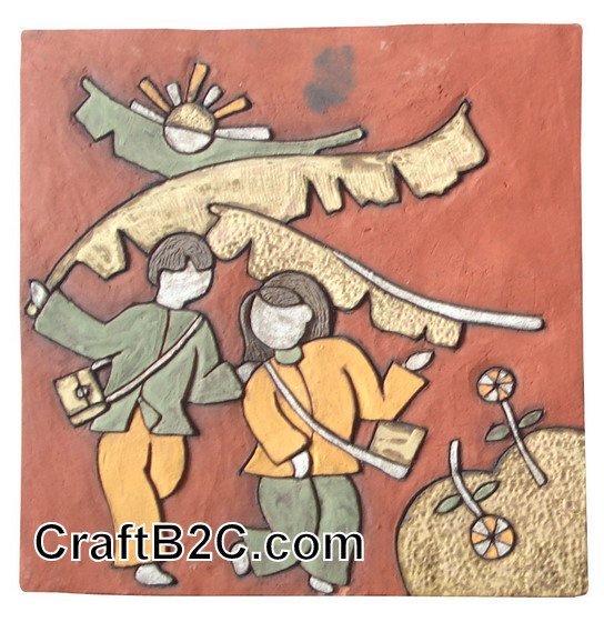 Tranh gốm: Đi học về