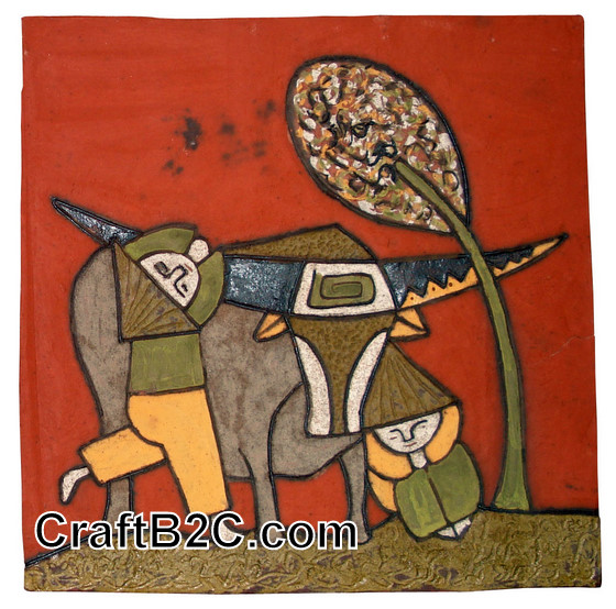 Tranh gốm: Đu sừng trâu