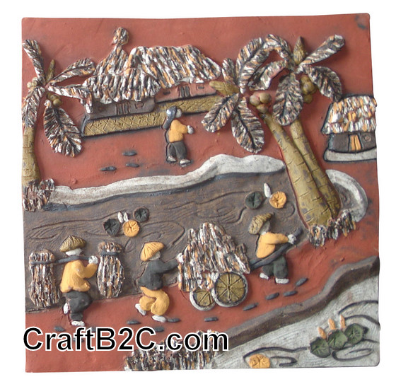 Tranh gốm: Mang lúa về nhà