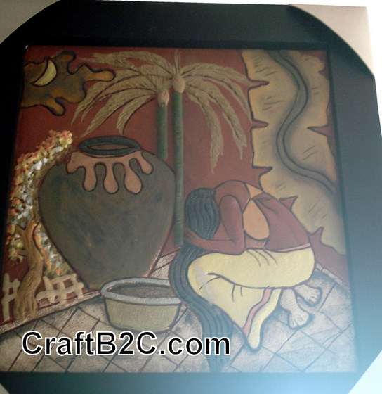 Tranh gốm Phù Lãng: Gội đầu