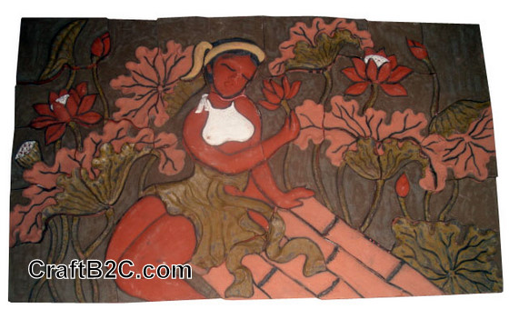 Tranh thiếu nữ bên ao sen