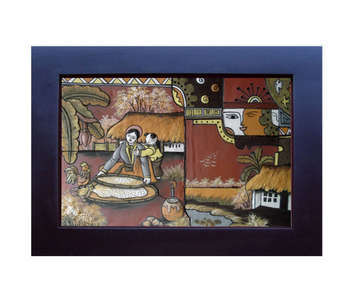 Tranh mẹ sàng gạo và phong cảnh vườn quê