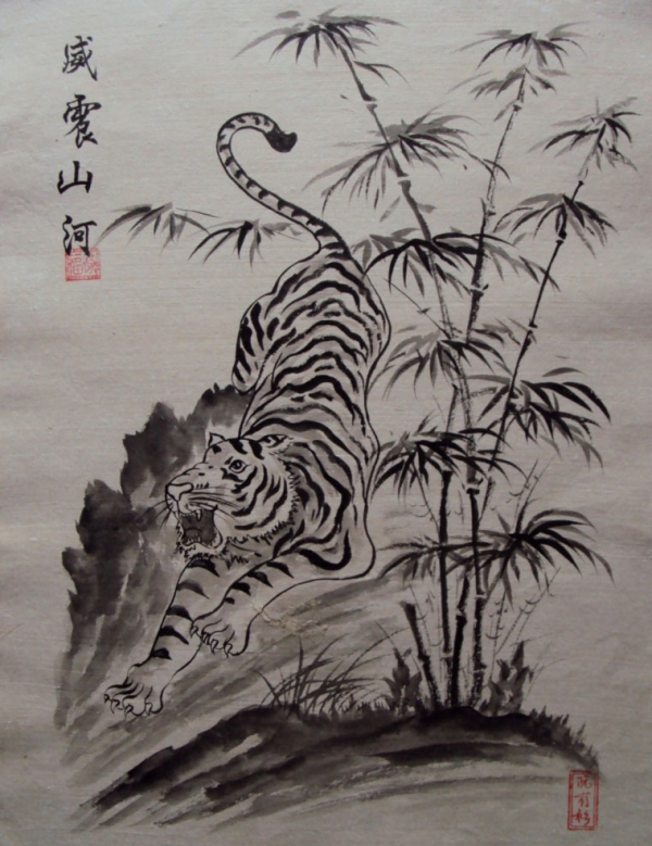 Tranh Đông hồ hình con Hổ bên khóm trúc