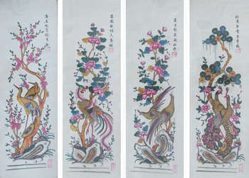 Tranh Đông hồ Tứ quý: Tùng, Cúc, Trúc, Mai trên chất liệu giấy điệp